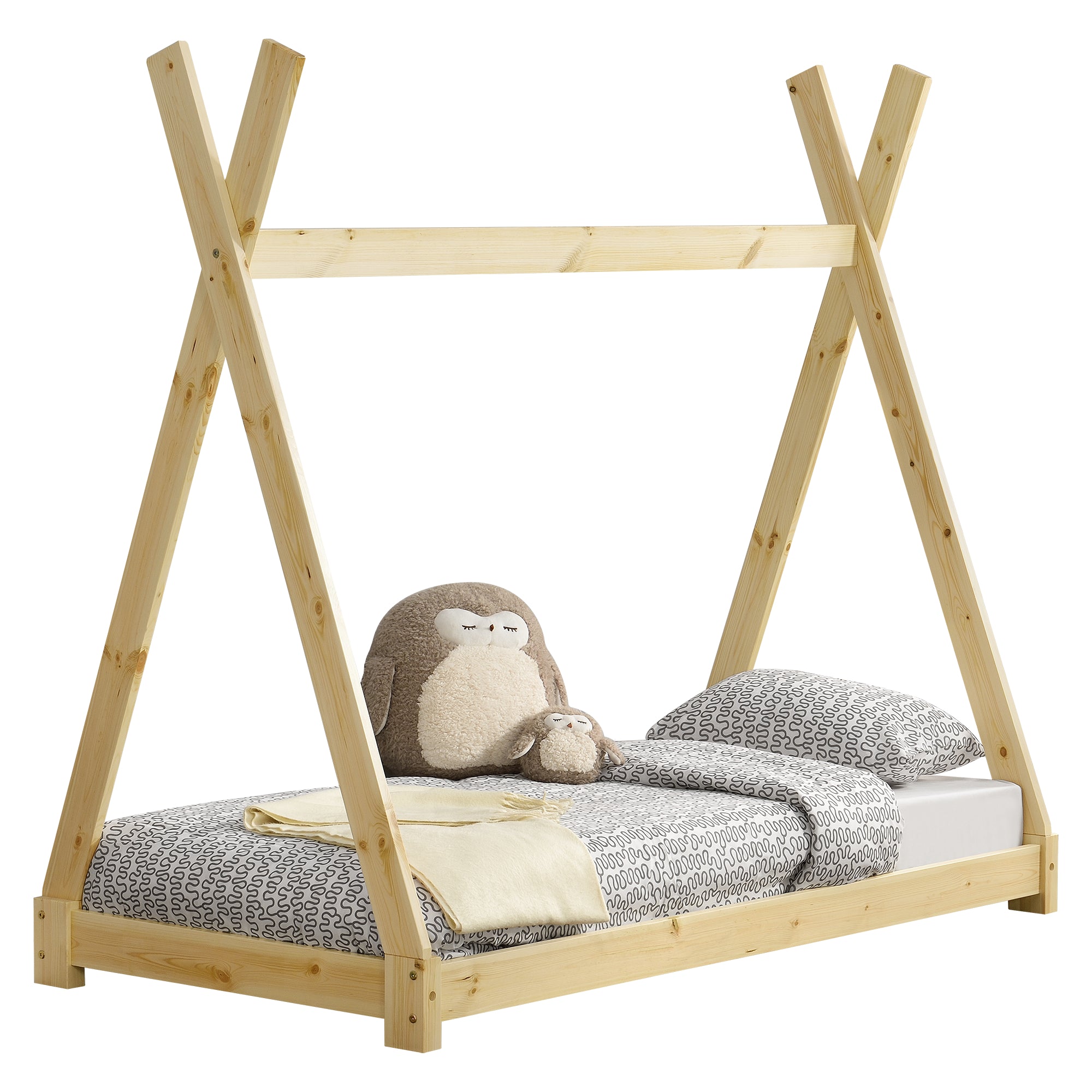 Lit de Tipi pour Enfant en Bois Naturel avec Sommier à Lattes et