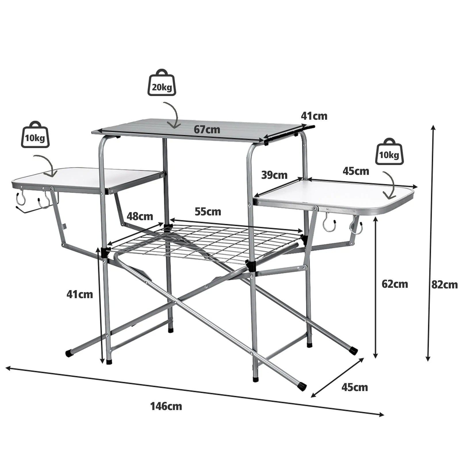 Table pliante de camping avec 2 tablettes latérales et étagère de gril –  Décoshop26